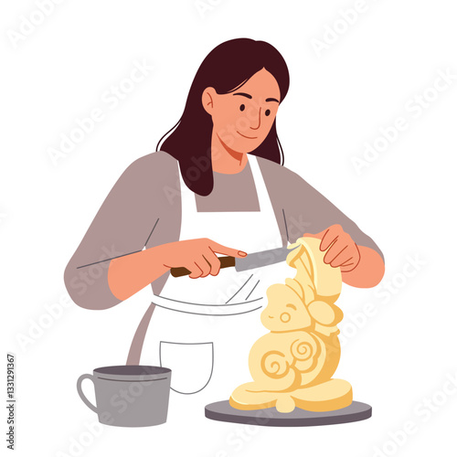 Woman carving intricate designs from butter in minimal flat vector art
