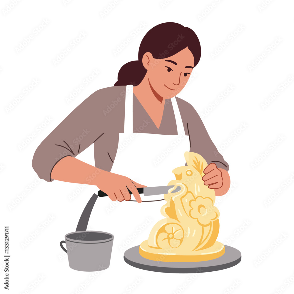 Woman sculpting intricate butter design in flat vector art style showcasing creativity and skill in vector illustration Woman sculpting intricate butter design in flat vector art style showcasing creativity and skill in vector illustration