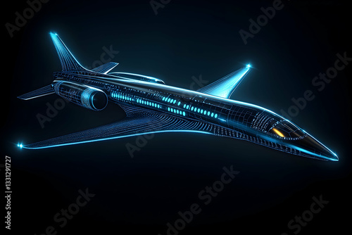 Jet with intricate blue digital lines, illuminated by cool LED lights along its contours, with a dark background highlighting its futuristic design.
