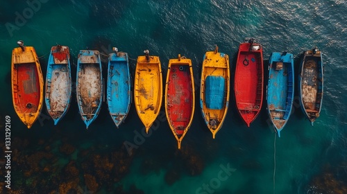  small, colorful wooden boats floating on crystal-clear water near a scenic coastal landscape.
