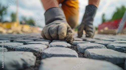Worker laying stone pavement with precision and care
