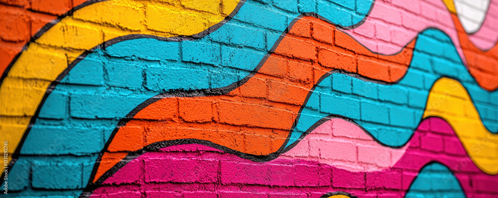 Colorful mural with wavy patterns on brick wall Colorful mural with wavy patterns on brick wall