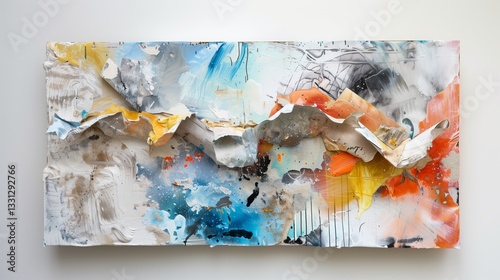 A textured mixed-media wall art piece with layered paper and paint, floating on a white surface.