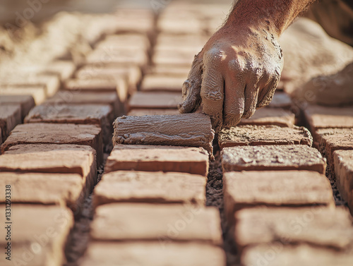 Close up of mason smoothing mortar joints on bricks