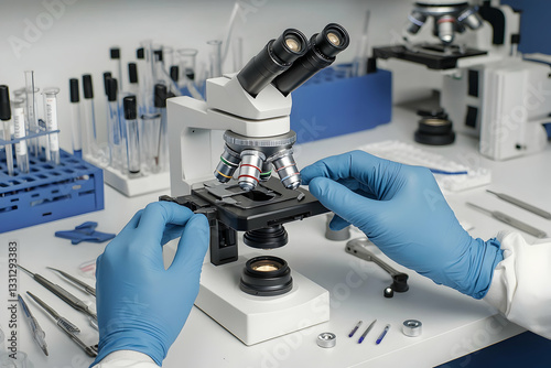 Microscope on a sterile laboratory workstation, with gloved hands carefully adjusting the knobs, surrounded by scientific tools.