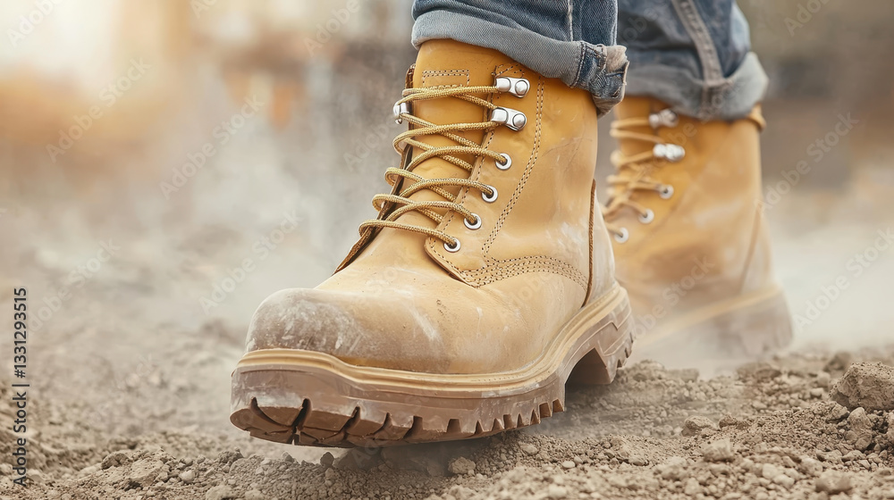 Close up of safety boots stepping on construction site with dust Close up of safety boots stepping on construction site with dust