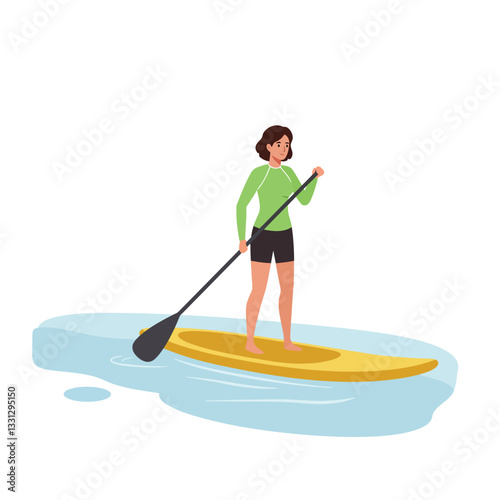 Woman paddling on a yellow paddleboard in flat vector illustration