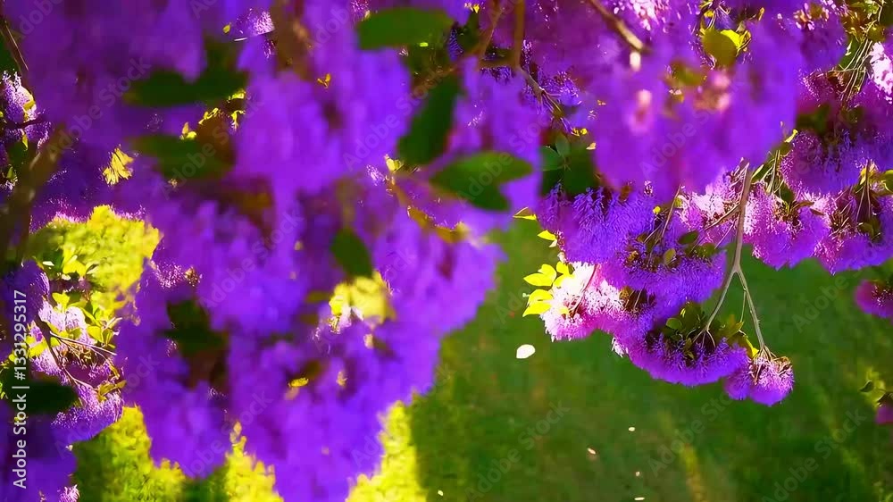 A lush jacaranda tree canopy swaying gently in the breeze, with vibrant purple blossoms creating a dreamy atmosphere.

