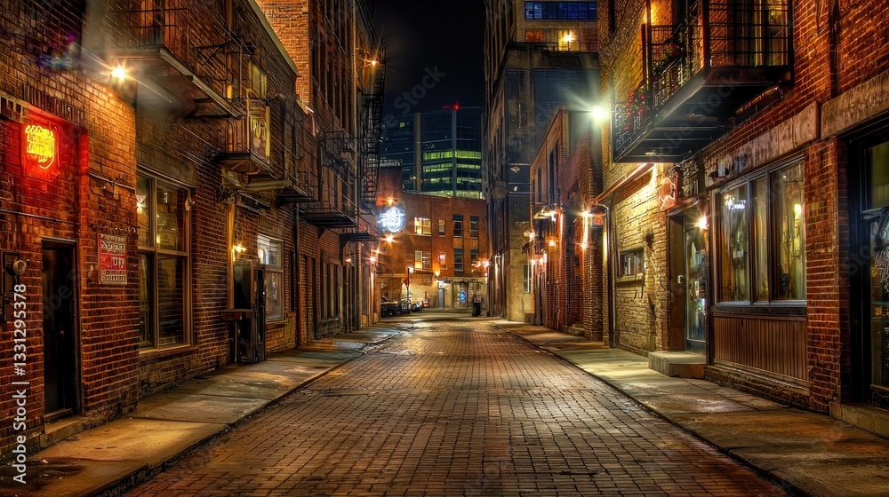 Night Scene in a Brick Alleyway, Urban Exploration, Cityscape at Night Night Scene in a Brick Alleyway, Urban Exploration, Cityscape at Night