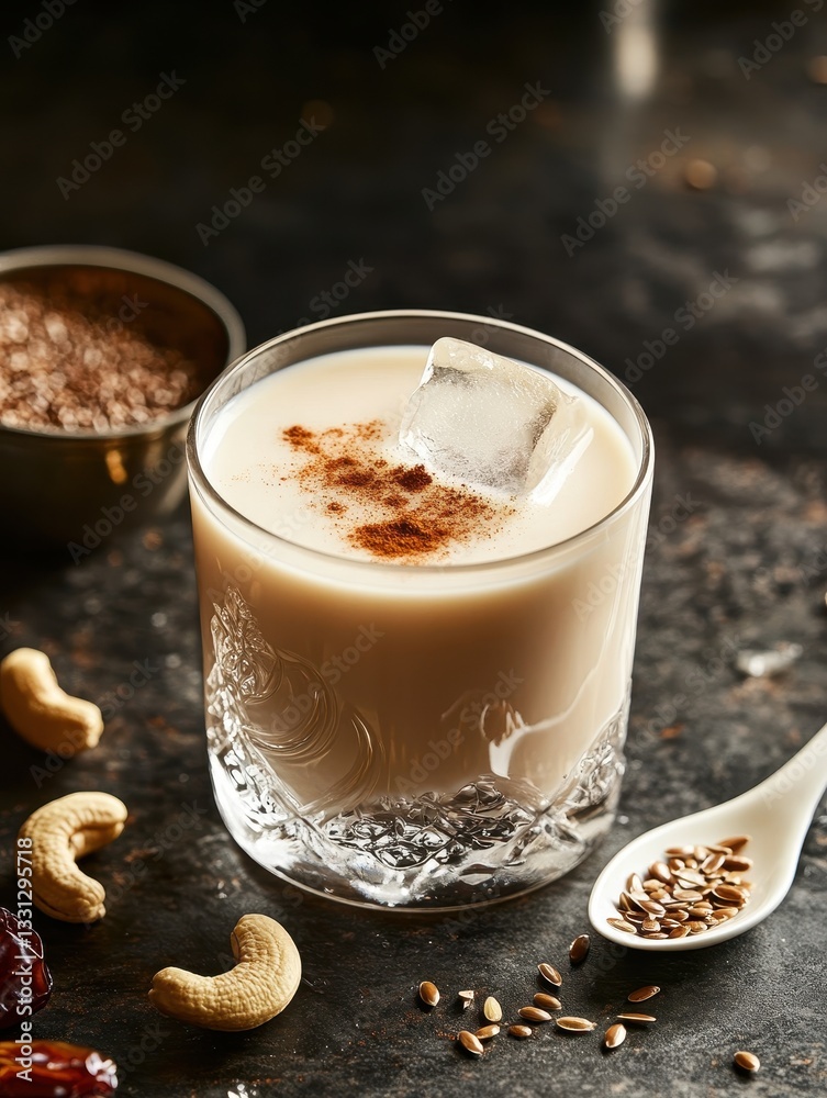 Creamy beverage in glass with ice, surrounded by nuts, seeds, and spices on dark surface, showcasing delectable flavors and gourmet presentation Creamy beverage in glass with ice, surrounded by nuts, seeds, and spices on dark surface, showcasing delectable flavors and gourmet presentation