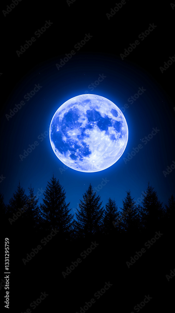 Fototapeta premium Enormous blue moon rises above dark silhouetted pine trees at night