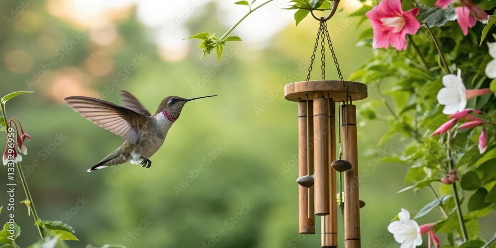 Fototapeta premium Hummingbird hovering near wind chime serene garden nature photography lush environment close-up view delicate beauty