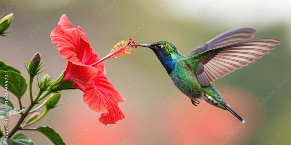 Fototapeta premium Hummingbird hovering over a vibrant flower in a lush garden nature photography close-up perspective pollination concept