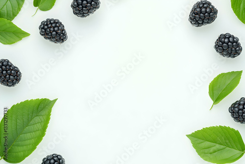 Fresh blackberries and leaves frame white background