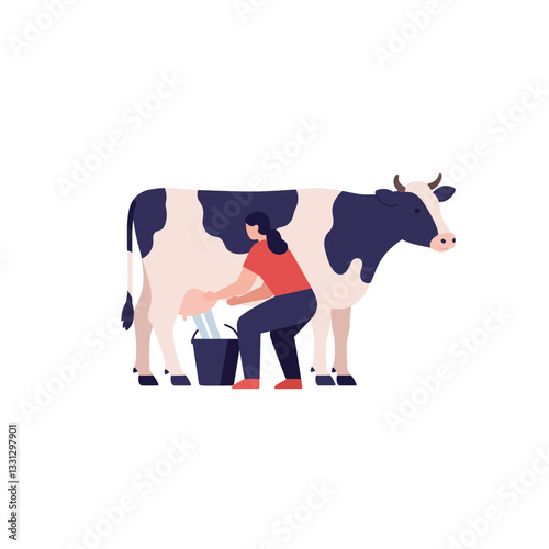 Cow milking process illustrated in flat style vector art