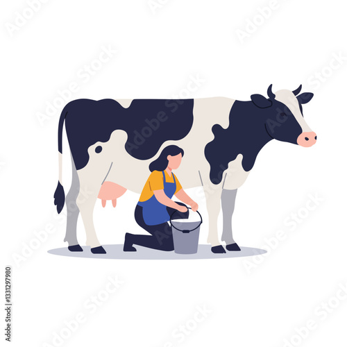 Cow milking process illustrated in flat minimal style vector art