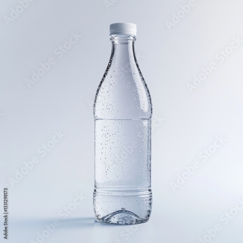 Chilled Bottle of Sparkling Water: A Refreshing Image of Hydration and Purity with Condensation Droplets on Clear Glass photo