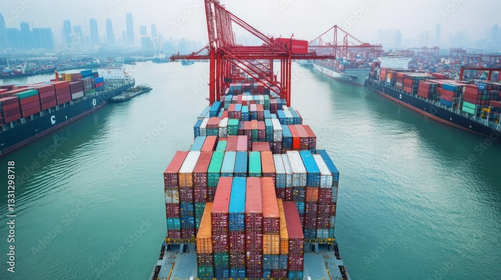 Fototapeta premium Container Ship at Busy Harbor for City Skyline.