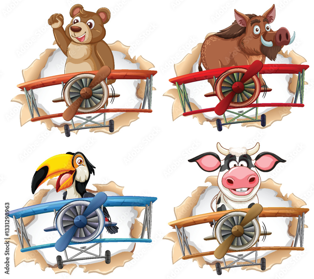 Naklejka premium Animals Flying Vintage Planes Illustration