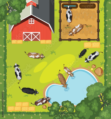 Aerial View of Farm with Cows