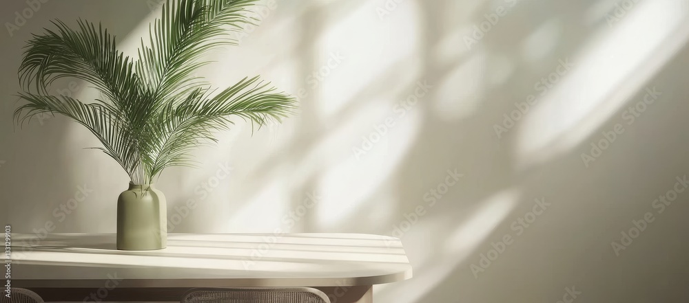 A green plant is sitting on a table in front of a window A green plant is sitting on a table in front of a window