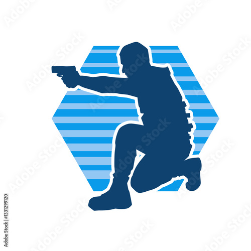 Silhouette of a police officer wearing bulletproof vest firing a hand gun weapon.