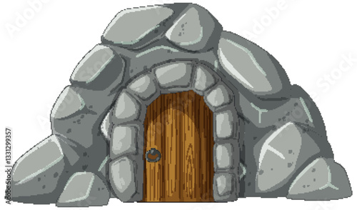 Stone Cave Entrance with Wooden Door