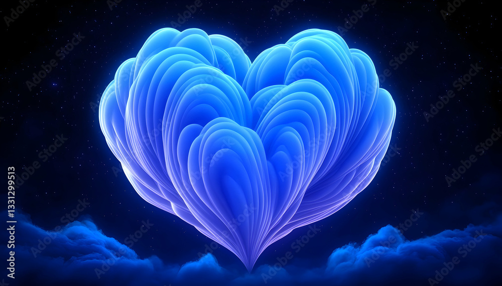 Glowing blue heart-shaped cloud formation against a dark, starry night sky Glowing blue heart-shaped cloud formation against a dark, starry night sky