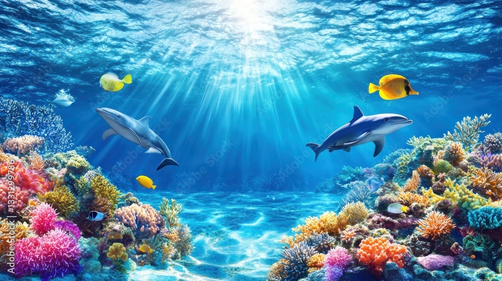 Underwater Paradise: Dolphins and Vibrant Coral Reef Underwater Paradise: Dolphins and Vibrant Coral Reef