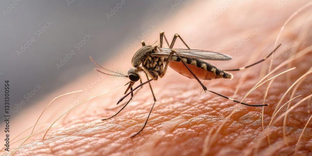 Mosquito feeding on human skin captured in macro photography outdoor environment close-up view nature's intricate details