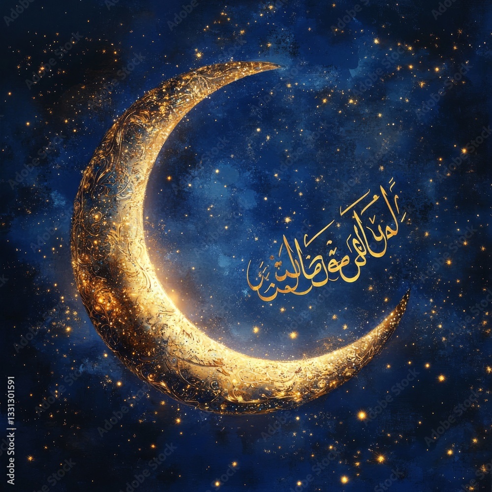 Fototapeta premium Golden Crescent Moon with Arabic Calligraphy Amidst Sparkling Stars and a Deep Blue Night Sky