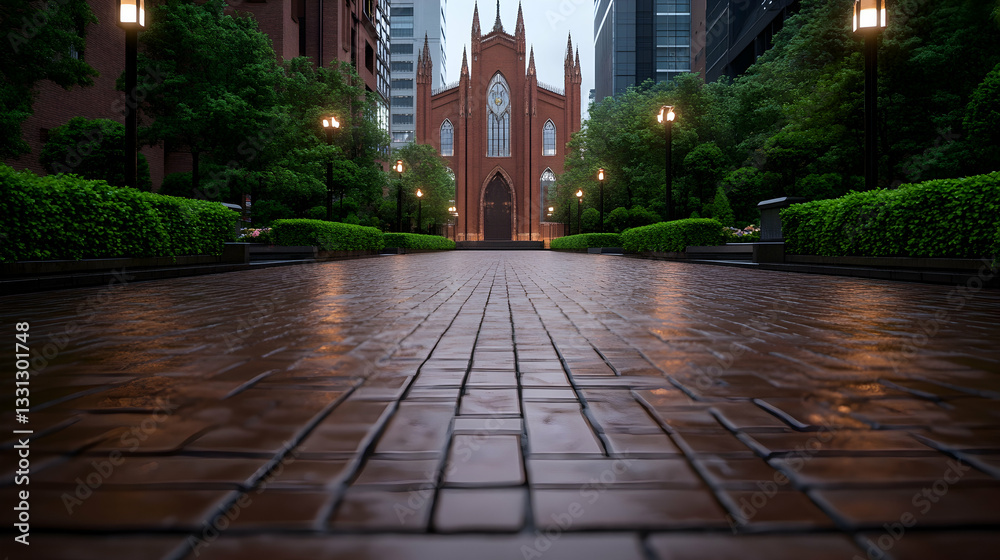 Obraz premium Gothic cathedral on a rain-slicked brick path, framed by greenery and modern buildings