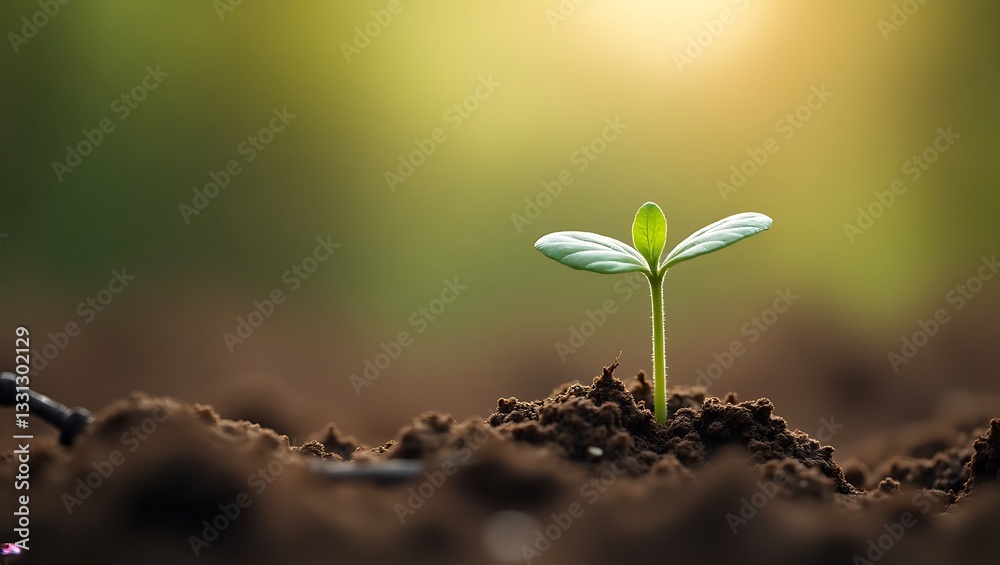A dicotyledon seedling emerges from dark soil, bathed in warm sunlight, showcasing its delicate leaves A dicotyledon seedling emerges from dark soil, bathed in warm sunlight, showcasing its delicate leaves