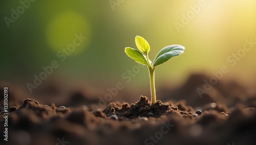 A young seedling emerges from dark soil, bathed in warm sunlight, showcasing its delicate leaves against a blurred background