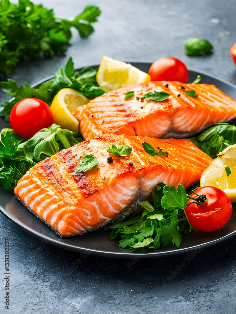Grilled salmon fillets with lemon, cherry tomatoes, and fresh herbs on a dark plate Grilled salmon fillets with lemon, cherry tomatoes, and fresh herbs on a dark plate