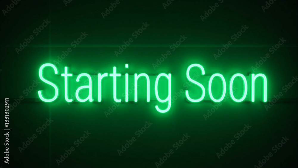 A glowing neon sign displaying Starting Soon in bright green and white mounted on a modern metallic wall A glowing neon sign displaying Starting Soon in bright green and white mounted on a modern metallic wall