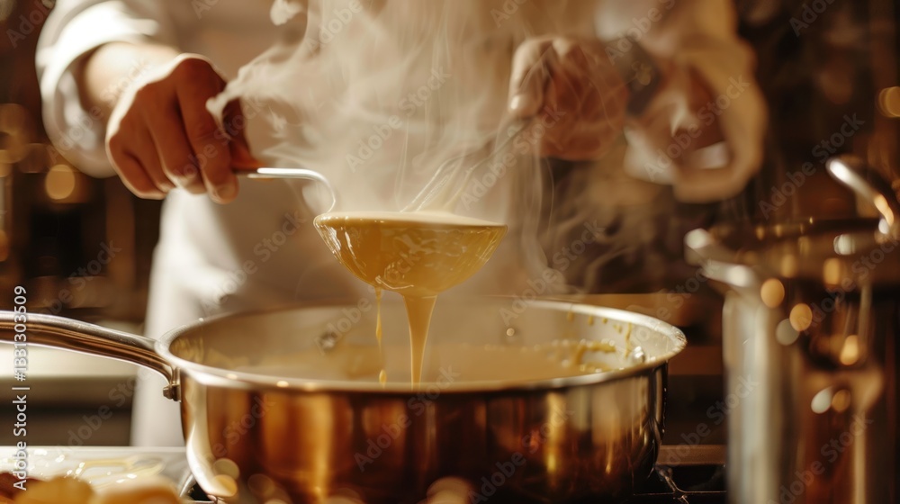 Chef Pouring Sauce for Gourmet Kitchen, Steam. Chef Pouring Sauce for Gourmet Kitchen, Steam.