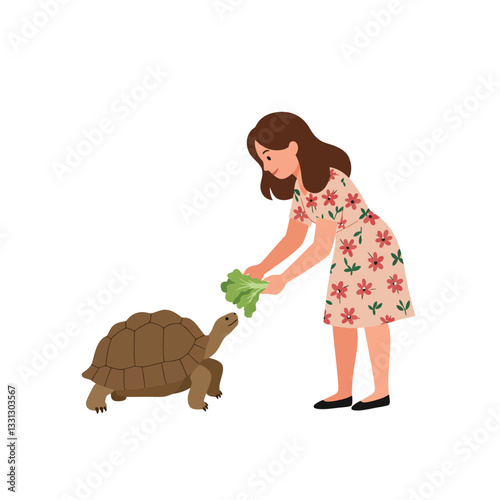 Girl feeding a tortoise in a floral dress, minimal vector illustration