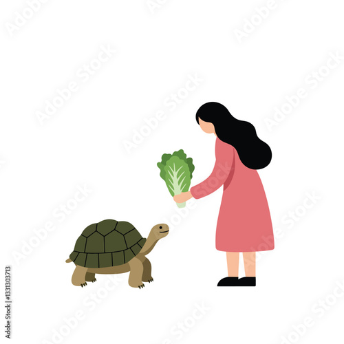 Girl feeding a turtle with lettuce in flat vector illustration