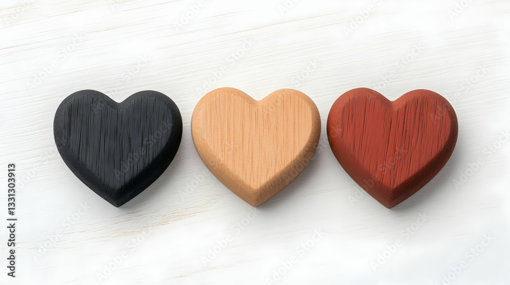 Obraz premium Three hearts of different colors, arranged in a row on a light wooden surface