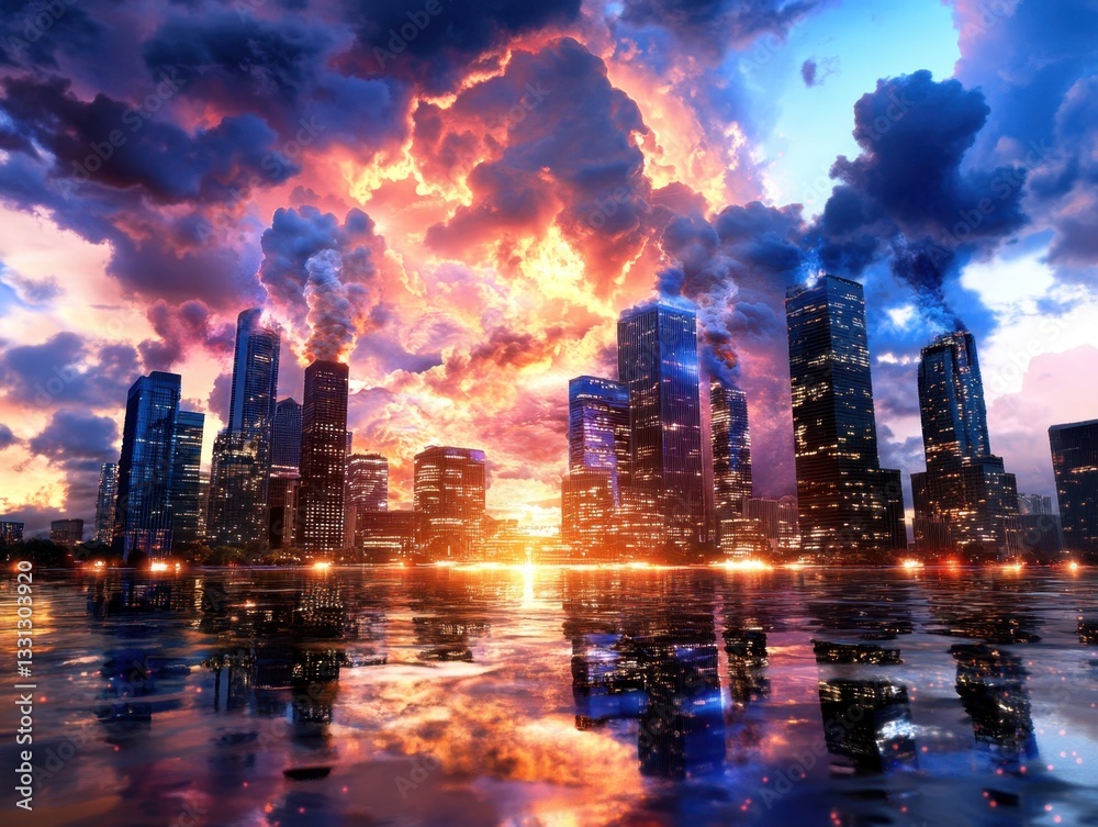 Obraz premium A stunning cityscape at sunset, illuminated by vibrant colors reflecting off the water, showcasing modern skyscrapers under dramatic clouds.