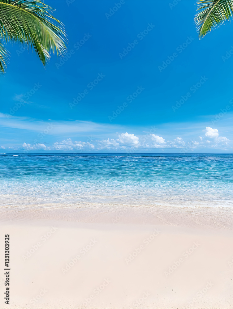 Fototapeta premium Idyllic tropical beach scene white sand, turquoise water, blue sky, palm trees