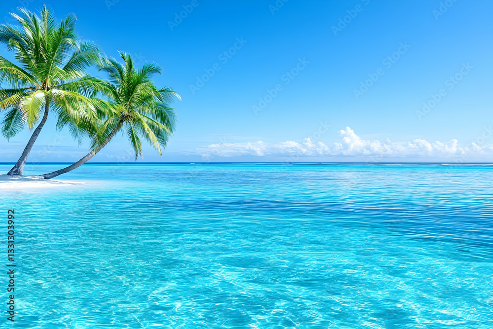 Idyllic tropical beach scene with two palm trees on a small, sandy island, clear turquoise water, and a bright blue sky Idyllic tropical beach scene with two palm trees on a small, sandy island, clear turquoise water, and a bright blue sky