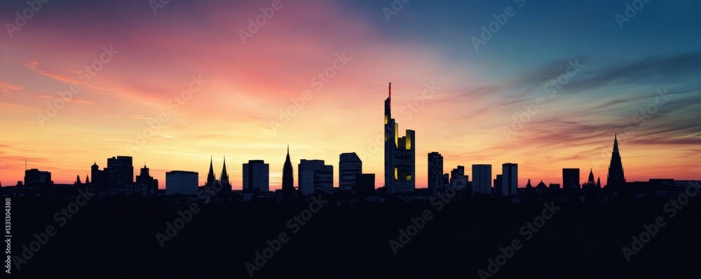 Silhouette of buildings and towers against colorful sky at sunset Silhouette of buildings and towers against colorful sky at sunset