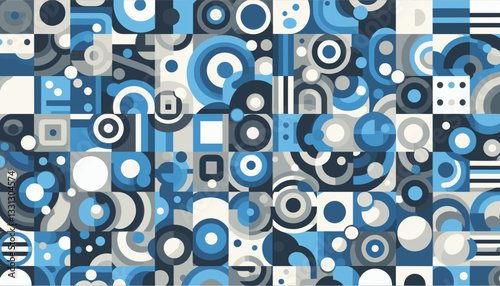 Geometric background with circles and squares in blue and gray tones