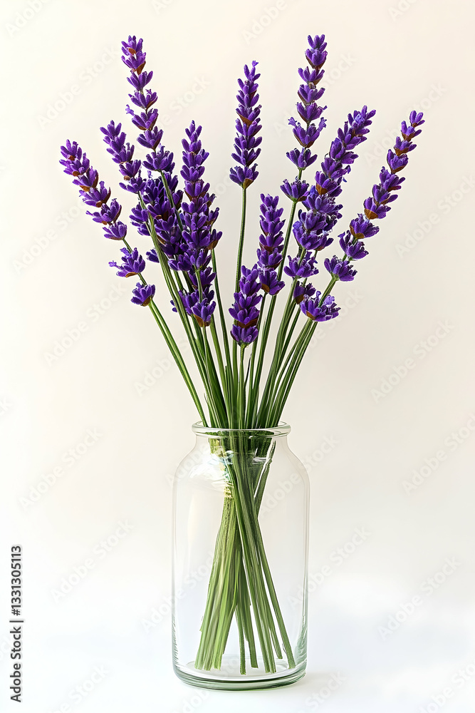 Naklejka premium Lavender bouquet in a clear glass vase against a white background