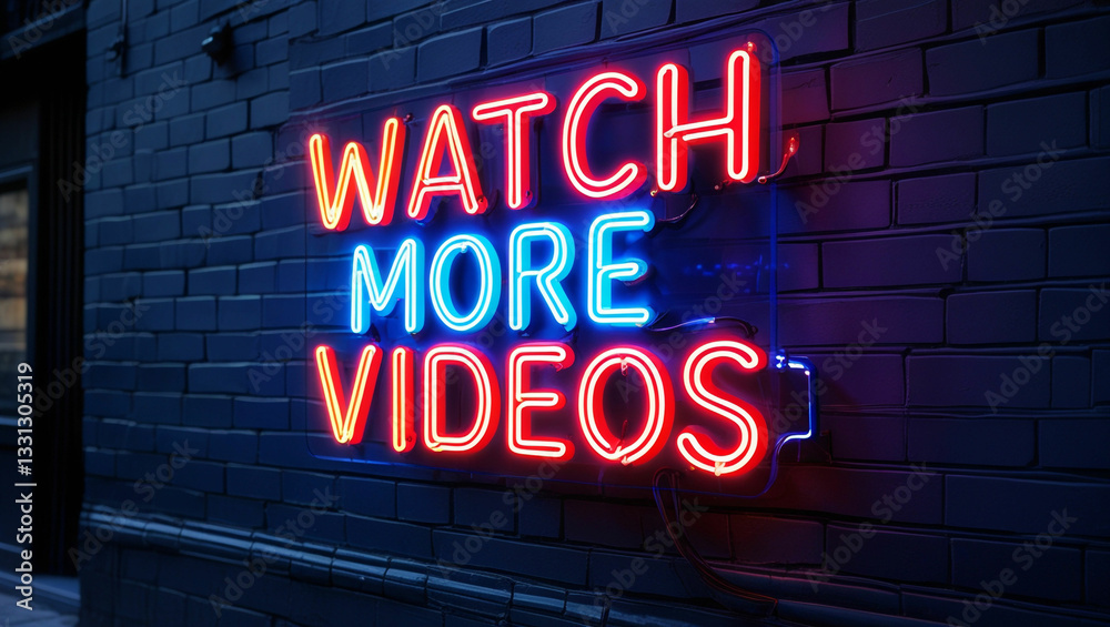 Obraz premium A bright and engaging neon sign that reads Watch More Videos in electric blue and red glowing against a dark urban street wall