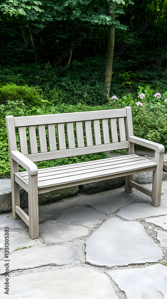 Light-grey garden bench on stone patio, lush green backdrop Light-grey garden bench on stone patio, lush green backdrop