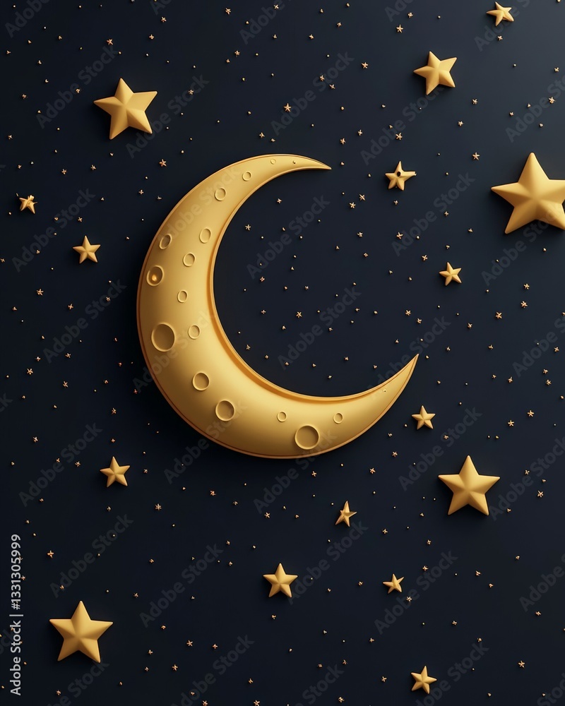 Naklejka premium Glowing crescent moon surrounded by twinkling stars against a dark sky.