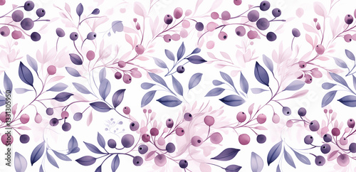 twigs and leaves with blueberries in pink and blueberry colors on a white background, vibrant colors creating a dynamic layout, ideal for postcards and wrapping paper, concept of printing and design.